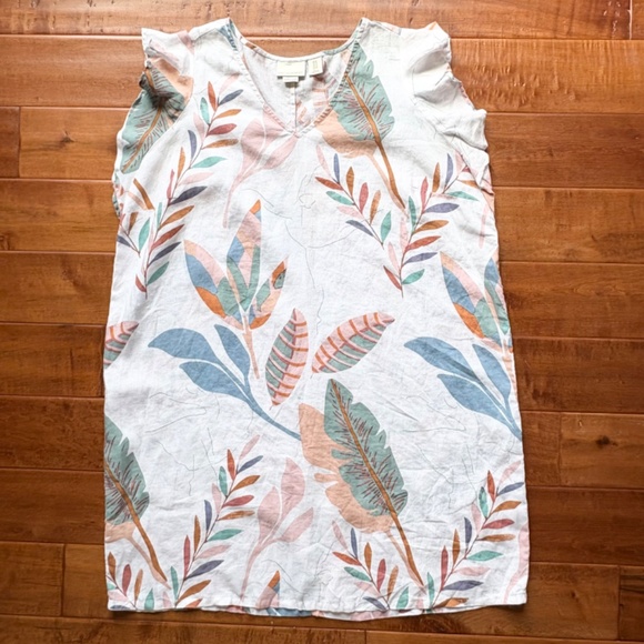 Cynthia Rowley 100% Linen Tunic Dress L Tropical Leaf Print Boho - Picture 2 of 10